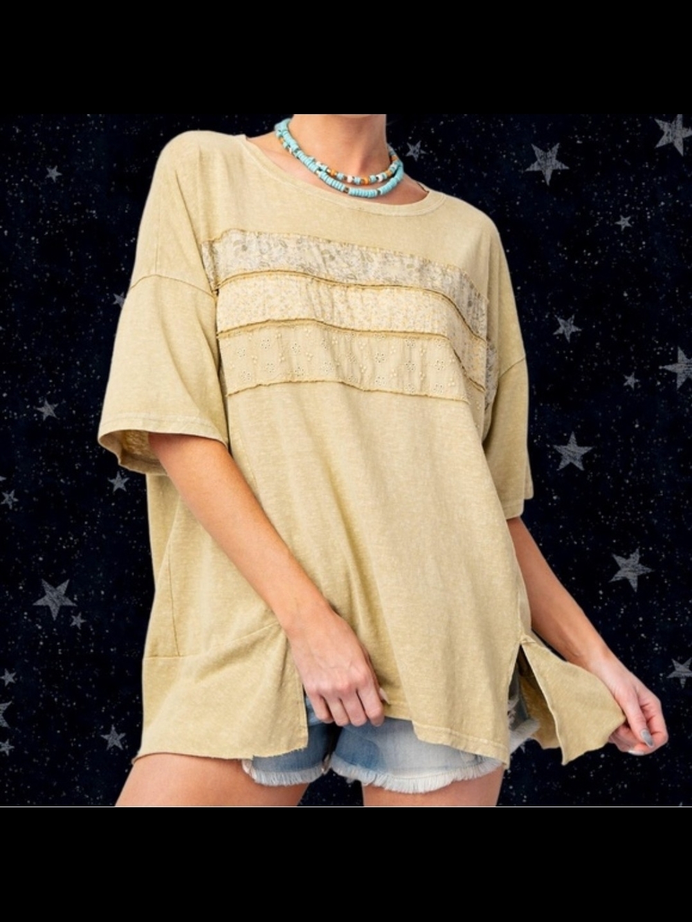 Casual Wide-Sleeve Lace Trim Top in Beige